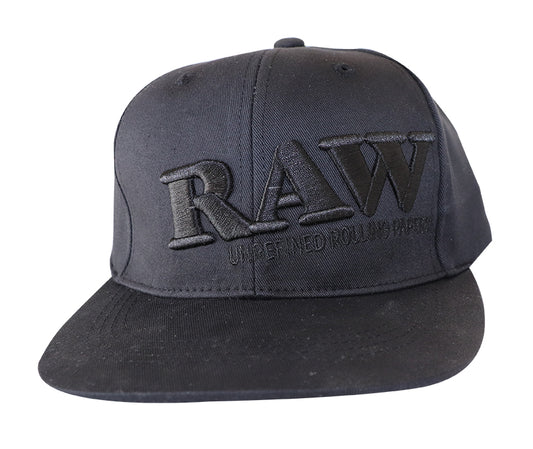 RAW FLAT BILL SNAP BACK POKER HAT - BLACK WITH BLACK LETTERING