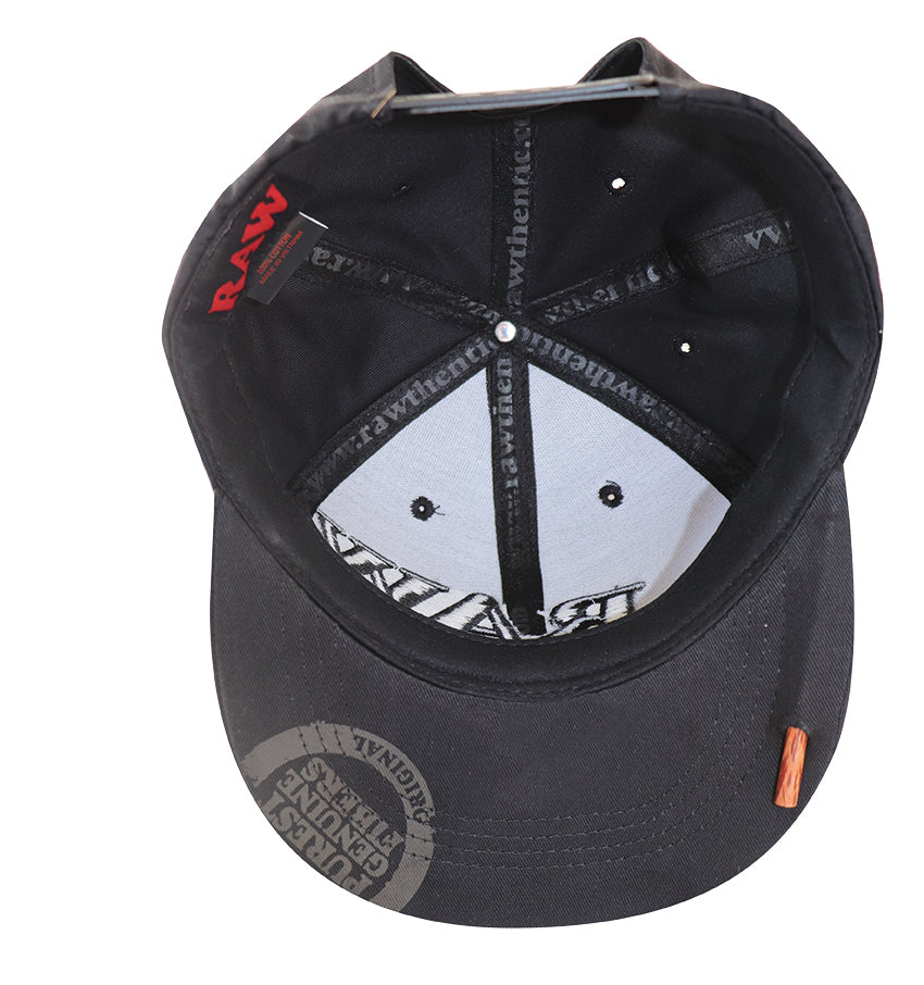 RAW FLAT BILL SNAP BACK POKER HAT - BLACK WITH BLACK LETTERING