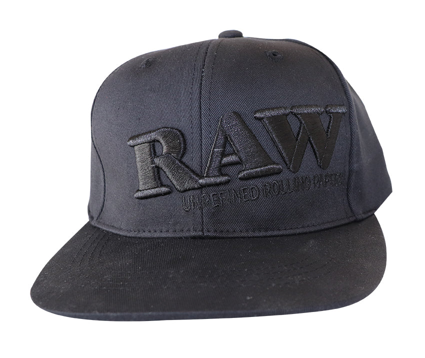 RAW FLAT BILL SNAP BACK POKER HAT - BLACK WITH BLACK LETTERING